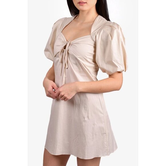 Frame The Neck Dress Flax Puff-Sleeve Minidress Beige S/P Boho Western Chic  NWT